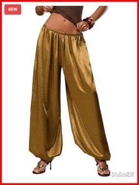 Satin Harem Palazzo Pants Flowy Wide Leg Low Rise Pull On Resort